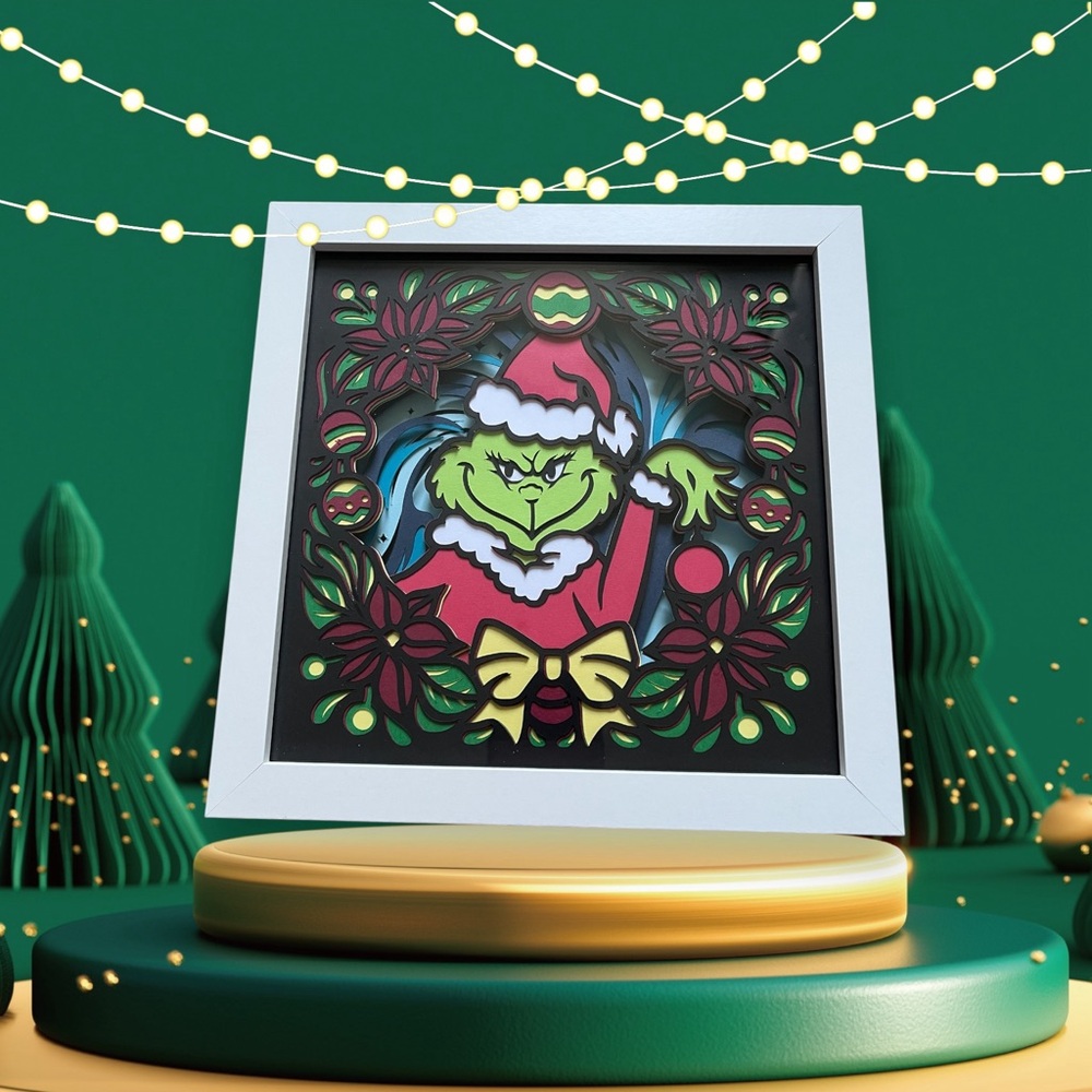 🎄 Handcrafted Layered Grinch Shadow Box – 8” x 8”